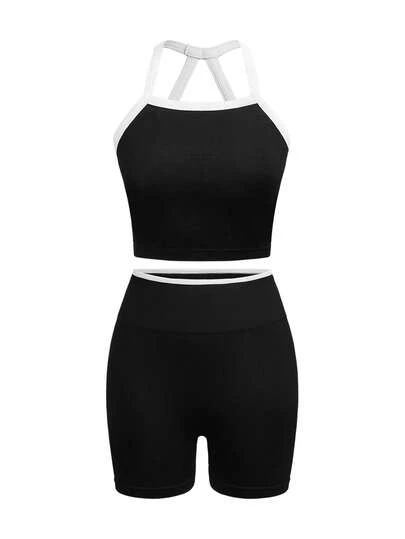 Cheerettes Women's Contrast Color Halter Neck Tank Top And Shorts Sports Set