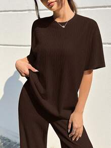 SHEIN EZwear Set de 2 piezas de camiseta y pantalones holgados de color marrón casual, talla grande - Marrón - Ver 8