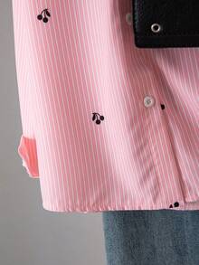 Summer  1pc Tween GirlsTurndown Collar Long Sleeve Cardigan Striped Shirt With Embroidered Front Pattern, Casual Top For Autumn - Pink - View 3