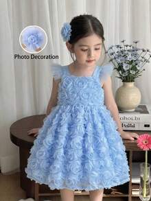SHEIN Elladie kids 小女孩优雅3D立体花卉刺绣短袖连衣裙，公主裙，适合表演、派对、生日、婚礼等场合。 - 藍色 - 查看 3