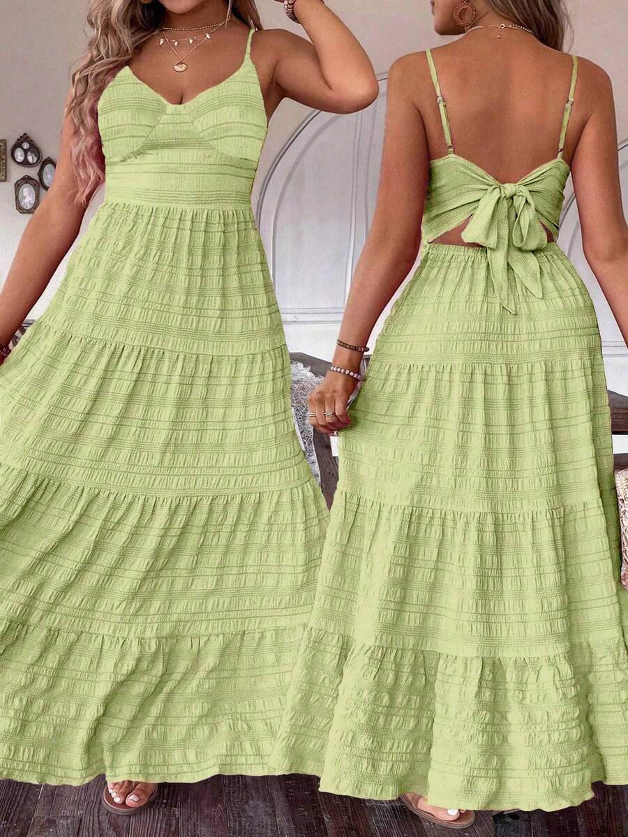 SHEIN 大码女装夏季纯色多层荷叶边长款吊带连衣裙，适合夏季野餐、度假、海滩等各种场合。 - 薄荷綠 - 查看 1