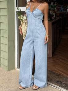 Sunnyshic Women's Backless Tie Knot Fashionable Wide Leg Denim Jumpsuit - Blue - View 7