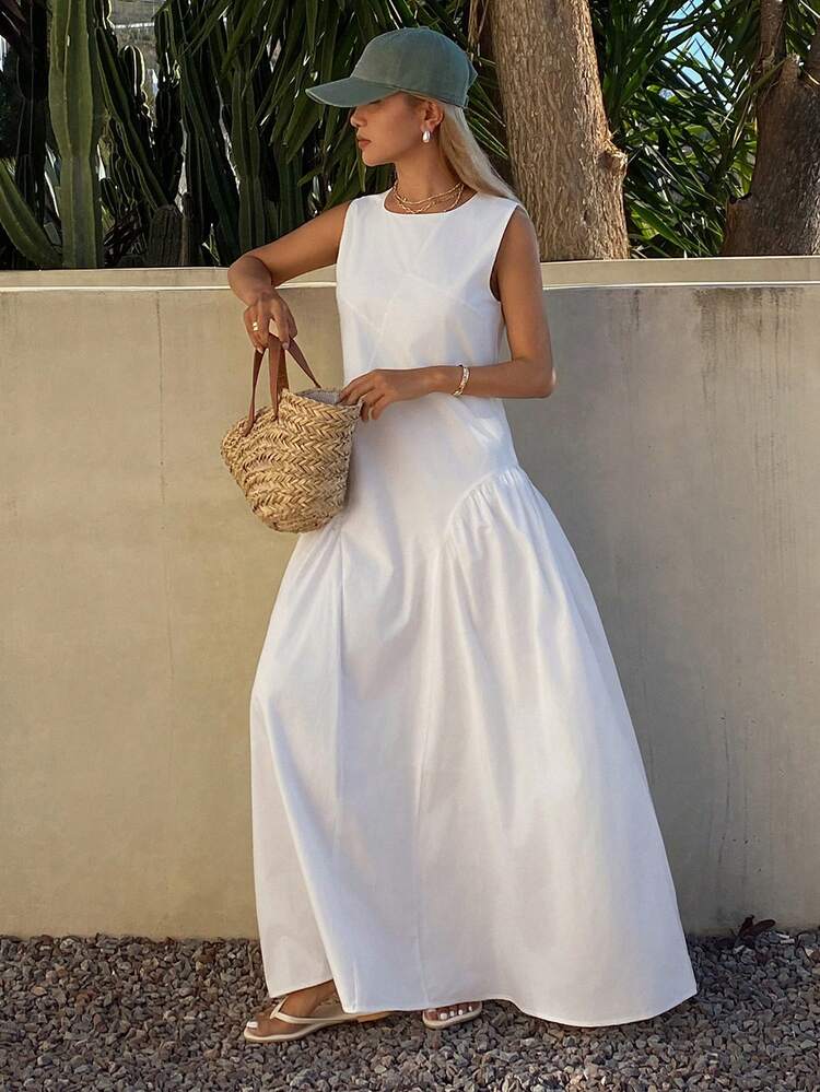 Women's Round Neck Sleeveless Split Design Waist Cinched Dress, Vacation Style Sundress Summer