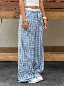 Muchica 女士蓝色格子编织系带阔腿裤 - 彩色 - 查看 6