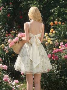 SHEIN MOD 女士花卉刺绣方领无袖迷你连衣裙 - 杏色 - 查看 4