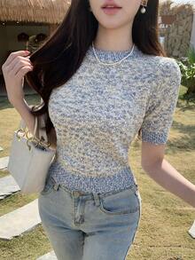 DAZY Women's Stand Collar Casual Versatile Daily Wear Knitted Short Sleeve Top - Blue - View 5