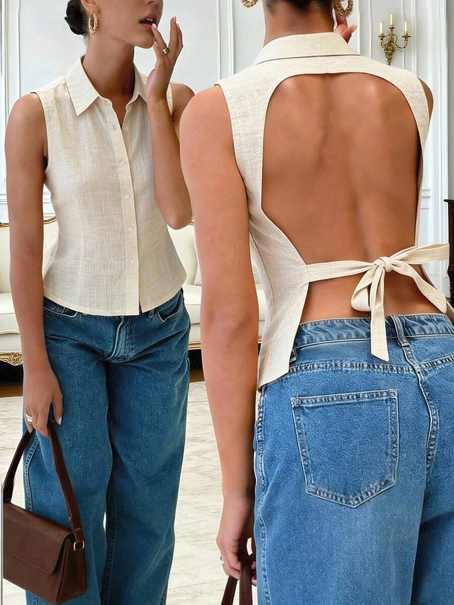 INAWLY Solid Color Sleeveless Backless Front Button Casual Shirt - Apricot - View 1