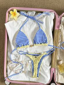 SHEIN Swim Mod 女士黄色向日葵图案和蓝色格子双面V领露背比基尼两件套，性感铆钉短裤，甜美海滩度假风，春夏款 - 黃色 - 查看 9