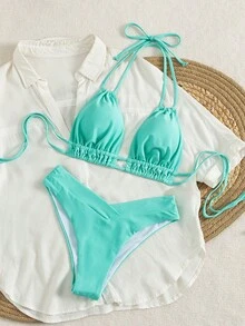 Swim Chiccia Set Pakaian Renang Bikini Seksi Wanita Musim Panas Warna Polos dengan Tali Leher untuk Pantai - Mint Green - View 5