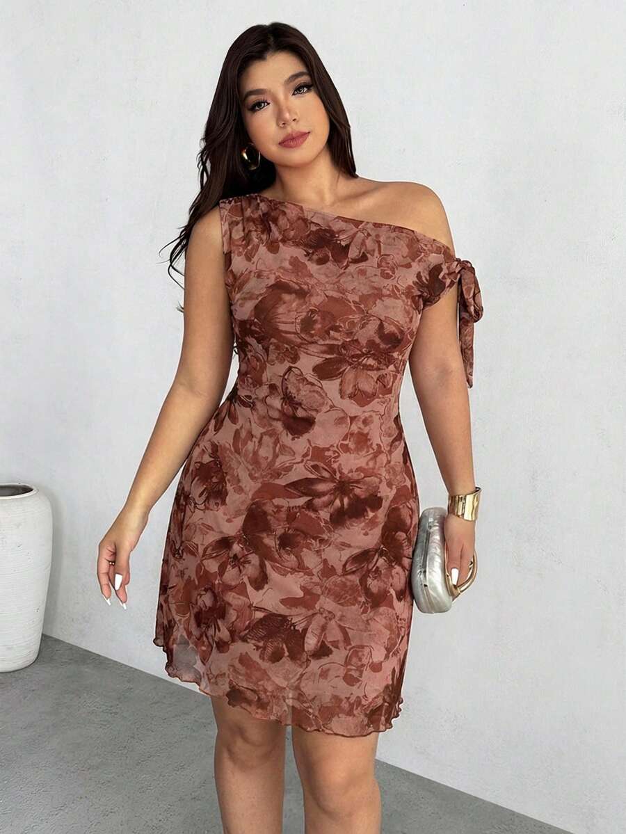 Firerie Plus Size Women's Summer New Floral Asymmetrical Shoulder Sexy Elegant Vacation Mini Dress, Mesh Tie Dye Floral Stretch Dress, Asymmetric Neck Dress, Spring/Summer Clothing, Beach Outfit, Elegant, Sexy, Vacation, Beach, Hawaii, Date, Party, Music Festival, Graduation Dress, Prom - Brown - View 1