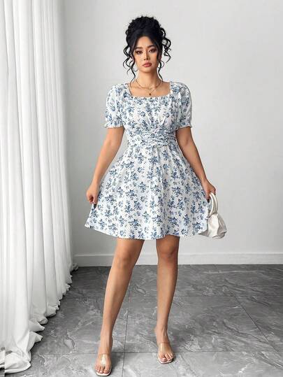 Elenzga 大码女士碎花连衣裙，配蝴蝶结，乡村时尚优雅休闲度假浪漫连衣裙