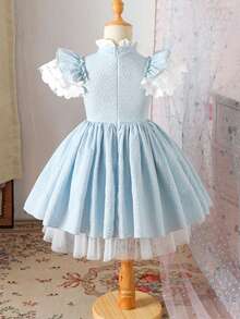 Glamorique Kids 女童藍色葉片花卉洋裝，分層泡泡袖公主裙，優雅高端童裝，夏季新款 7 歲生日秋季穿搭 - 藍色 - 查看 2