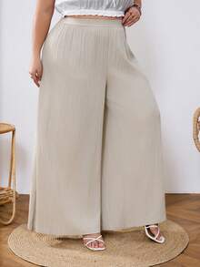 SHEIN CURVE+ Curve 尺码 US22 音乐节、海滨度假、波西米亚风女士夏季宽松纹理休闲度假阔腿裤 - 卡其色 - 查看 7