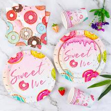 Sweet Donut Disposable Plates, Napkins And Paper Cups Party Set, Serves 24 Guests. This Disposable Paper Party Tableware Is Suitable For Birthdays, Weddings, Themed Parties And Family Picnics. - View 4