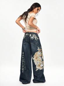 ROMWE Grunge Punk 男女皆宜的复古街头风中国虎竹刺绣宽松阔腿牛仔裤 - 藍色 - 查看 4