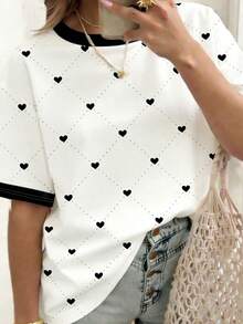 EMERY ROSE Women's Heart-Shaped Short-Sleeved T-Shirt, Casual Outdoor Wear, Cute T-Shirt, Loungewear - White - View 3