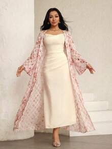 Modelyn Bộ đồ 2 món dành cho nữ: Áo khoác dài tay in họa tiết jacquard màu vàng thanh lịch, lãng mạn và váy chữ A màu mơ dệt kim, thắt eo, thích hợp cho mùa xuân/hè. - Hồng - Xem 4