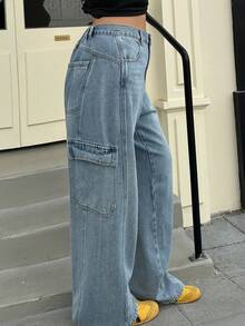 Dazy Plus Washed Blue Distressed Cat Whisker Side Pocket Loose Wide Leg Casual Jeans, All Season - Light Wash - View 6