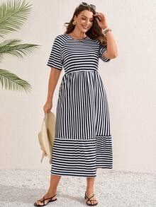 Miaspire Robe midi d'été décontractée pour femmes grandes tailles, à rayures et patchwork, manches courtes - Bleu marine - Voir 2