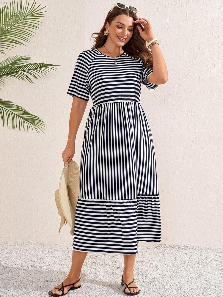 Plus Size Women's Summer Casual Vacation Country Striped Patchwork Short Sleeve Midi Dress,Summer Outfits For Women ,Vacation Outfits Women ,Holiday Outfits For Women,Going Out Outfits,2026 New Clothes,Simple And Fashionable For Everyday Wear,Suitable For Summer, Vacation, Daily Wear, Festival Outfits For Women,Country Concert Outfit,Beach Outfits For Women,Flowy Dress