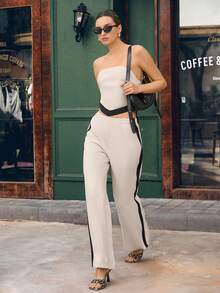 Opuloom 女士春夏两件套：黑色撞色无袖上衣配细围巾，下身搭配直筒裤，时尚百搭 - 彩色 - 查看 6