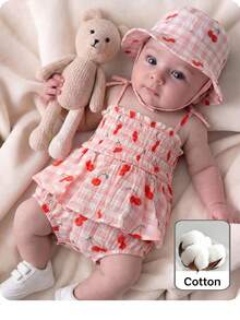 Newborn Baby Summer Countryside Vacation Cherry Plaid Print Tie Shoulder Romper And Sun Protection Hat 2pcs Set - Pink - View 1