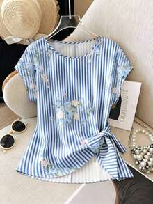 GlowEve CURVE Women's Blue And White Striped Floral Print Tie Front Short Sleeve Blouse,Summer Tropical Vacation Holiday Casual Tops Filipiniana Shirts & Blouses - Multicolor - View 8