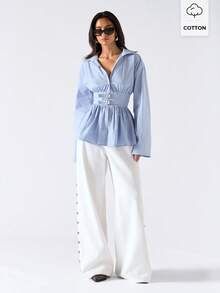 LYSMO 2026 New Arrive Minimalism Spring/Summer Women's Solid Color Drop Shoulder Long Sleeve Casual Shirt With Waist Buckle Design - Blue - View 6