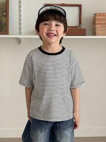 Hapijoa 男童条纹圆领短袖休闲百搭T恤衫（夏季款） - 黑色 - 查看 5