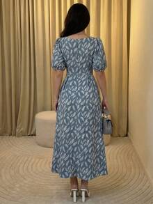 Mulvari Robe élégante et romantique à manches longues, taille cintrée et coupe évasée, en jacquard vert, pour le printemps/été - Vert - Voir 2