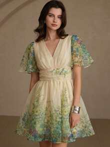 Aveloria Rosie Đầm ngắn tay cổ chữ V, thắt eo, chất liệu organza, kiểu dáng ngọt ngào, thích hợp cho kỳ nghỉ. Hàng mới về. - Nhiều màu - Xem 5