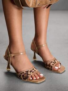 CUCCOO SZL 女士豹纹网眼露趾踝带凉鞋，时尚、优雅、舒适又性感，春夏款 - 咖啡棕 - 查看 4