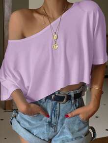 Muchica Light Purple Knit Loose Batwing Shoulder T-Shirt For Women - Lilac Purple - View 1
