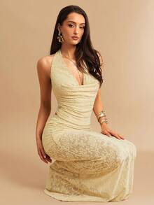 Silquee 女士优雅纯色蕾丝深V领露背吊带上衣，夏季 - 淡黃色 - 查看 5