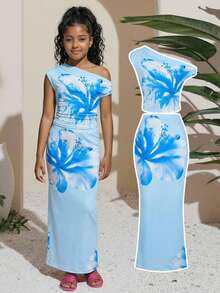 Tween Girl Floral Print Asymmetric Ruched Fitted Two Pieces Set, Casual Summer/Vacation Outfit - Baby Blue - View 1