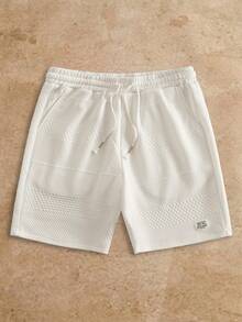 HIMLAND Quần short nam dệt kim dáng casual, có dây rút, in chữ, kiểu dáng thường ngày. - trắng - Xem 2