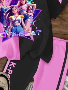 2pcs/Set Young Girl Casual Fashionable Colorful K-POP Girl Group Letter & Star Print, KPOP Style Printed Shirt And Shorts 2-Piece Set,Kids - Multicolor - View 6