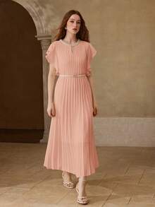 MOTF PREMIUM WOMEN'S ELEGANT DATE PLEATED RHINESTONE TRIM SHORT SLEEVE LONG DRESS, SPRING/SUMMER - Pink - View 1