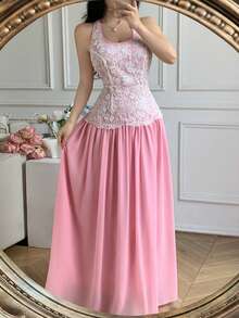 Celisse Abito elegante da donna con collo alla halter, senza schienale, in rete ricamata, vita aderente - Rosa - Visualizzare 8