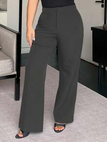 Dazy Plus Plus Size Solid Color Loose Straight-Leg Casual Black Long Pants, All Season Women Dress Pants Fall - Dark Grey - View 3