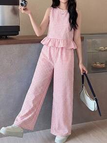 SHEIN 少女条纹无袖上衣，配木质纽扣和直筒裤，休闲度假套装，适合春夏假期、派对、优雅场合、返校季、户外家庭野餐、日常穿着。 - 彩色 - 查看 5