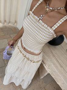 Livesso Cream White Summer Casual Elegant Picnic Vacation Holiday Textured Plaid Cropped Top & High-Low Hem Skirt 2-Piece Set For Women, Lounge Sets - Pink - View 3