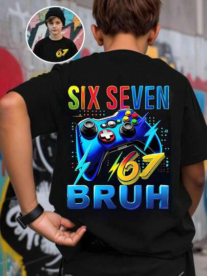 Camiseta gráfica de estilo casual y elegante para niños preadolescentes, con diseños de números 67, consola de juegos y rayos, cómoda para uso diario en primavera, verano y otoño
