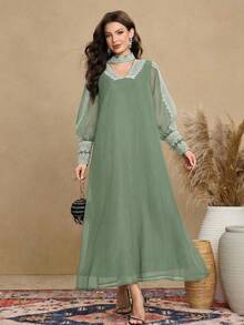 SHEIN Najma Đầm nữ thanh lịch với ren hoa và tay áo xẻ tà - Màu xanh Bạc hà - Xem 4