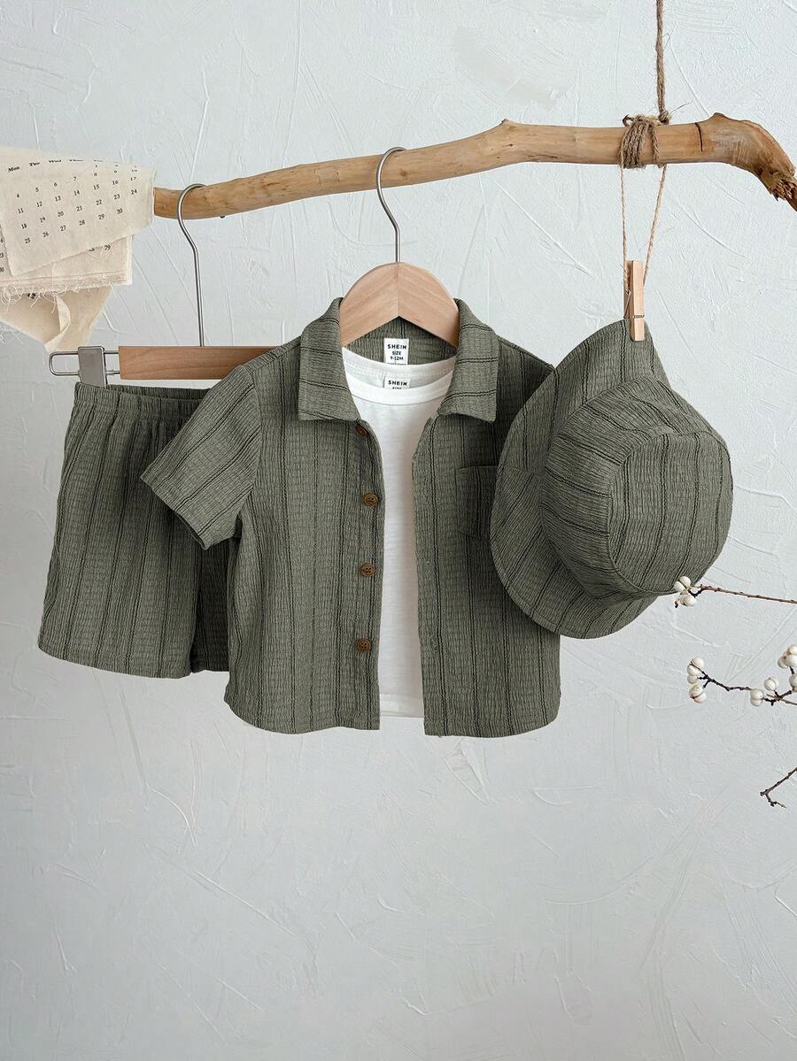 SHEIN 3pcs/Set Unisex Baby Boy/Girl Khaki Striped Short Sleeve Shirt, Shorts And Sun Hat, Spring/Summer Baby Boy Clothes Outfits - Green - View 1