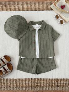 SHEIN 3pcs/Set Unisex Baby Boy/Girl Khaki Striped Short Sleeve Shirt, Shorts And Sun Hat, Spring/Summer Baby Boy Clothes Outfits - Green - View 4