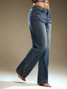 Denimoi Low Rise Slit Ankle Button Detail Straight Leg Jeans Fashionable Streetwear Sexy Jeans Low Rise - Medium Wash - View 3