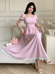 Feyla Women's Solid Color Lace Ruffle Elegant Waist Midi Dress, Suitable For Dates And Parties - Baby Pink - View 3