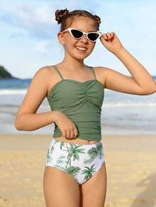 SHEIN Teen Girls Bikini Sets, Tropical Coconut Tree Knit Fabric Spaghetti Strap Crop Top And Triangle Bottoms 2 Piece Swimsuit, Fashionable Casual Elegant Lady Style, Suitable For Swimming, Summer Vacation, Beach, Pool, Holiday Party - Green - View 7