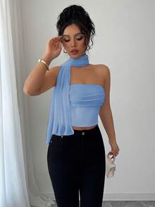 Elenzga Elegante top tubo plisado de malla para mujeres - Azul - Ver 5